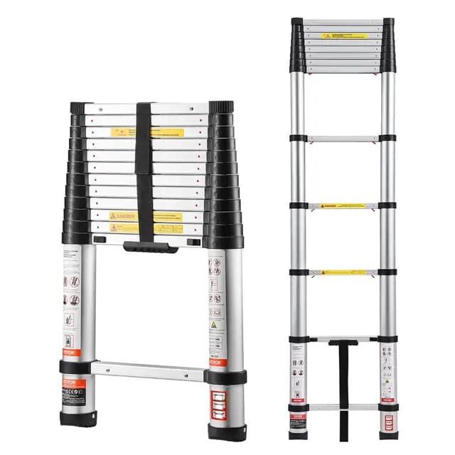 VEVOR Escalera Telescópica de Aluminio 374 cm, Escalera de Extensión Plegable con Sistema de Retracción de Un Solo Toque, Soporta hasta 150 kg, con Pies Antideslizantes, para Hogar, Ático, Jardinería