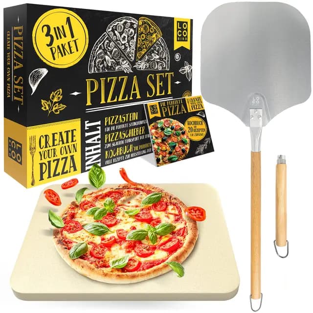 Loco Bird Piedra para pizza horno y parrilla de gas, incluye pala juego 3 piezas, rectangular cordierita base crujiente como italiana, libro recetas (idioma español no garantizado