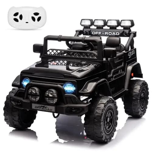 Zstar Coche Eléctrico Infantil de 12V, con Mando Remoto 2,4G Vehículo Jeep Off-Road con Mando Remoto, Lucas LED y Sonido, para Niños 3-6 Años, Regalo Juguete, Negro 102 × 66 × 65 cm