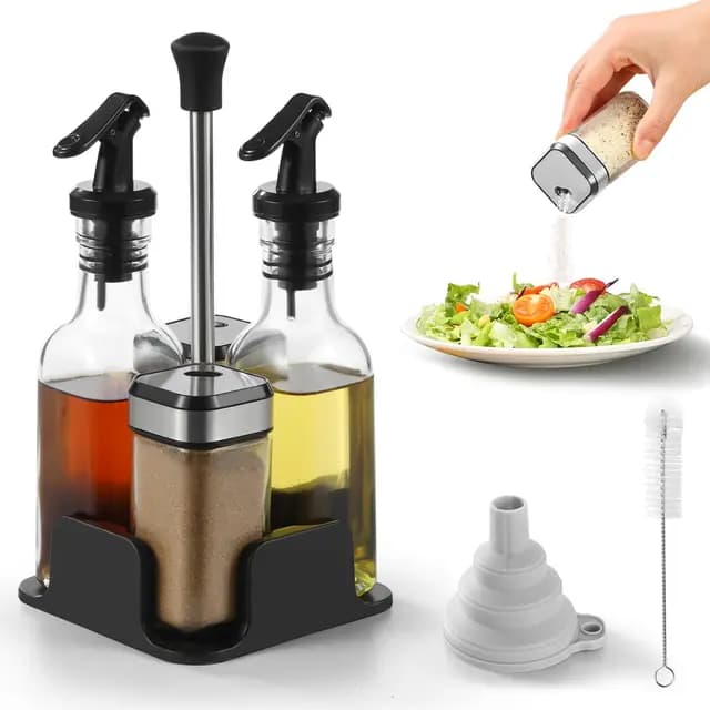 FRIBERG Set De Aceite Y Vinagre, Set De Sal Y Pimienta, Vinagreras Y Aceiteras De Mesa Con Soporte,2 Botellas De Aceitera Y Vinagre De 200 Ml, 2 Tarros De Condimento De 120 Ml Con Tapas