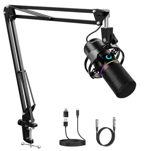 Micrófono para Juegos XLR/USB con Brazo Articulado, Micrófono Dinámico con Silenciamiento con un Solo Toque, Control de Ganancia, Micrófono RGB para Podcasts, Streaming, GrabacióN Y Voz
