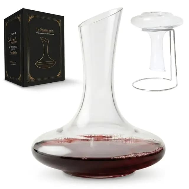 Decantador de vino de cristal premium con soporte metálico para secado y decoración - base ancha y capacidad de 1800 ml para oxigenación rápida y mejor aroma – accesorios de vino ideales para regalo