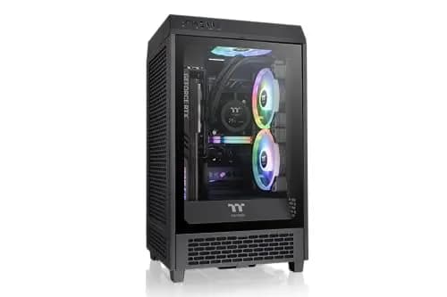 Thermaltake The Tower 200 | Mini Torre Mini-ITX Vertical | 2 Ventiladores CT140 Preinstalados | Cristal Templado y Alto Flujo de Aire | Compatible con AIO de 280mm | Negro