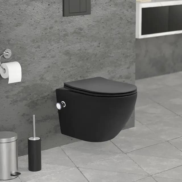 LuxeBath WC Suspendido con Función Bidé Negro de Cerámica, Inodoro Colgante 49 cm Corto con Cierre Suave Descarga Profunda de Tornado para Baño, Wáter con Asiento Extraíble y Tapa Brillante Softclose