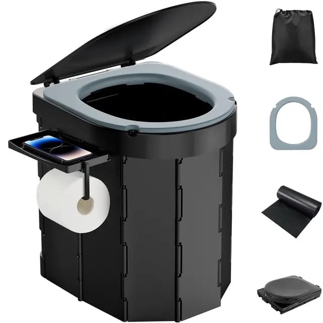 WADEO Inodoro portátil de camping y para coche con cómodo asiento de EVA, inodoro plegable para adultos, cubo higiénico con tapa integrada, portarrollos, soporte para el móvil y 20 bolsas