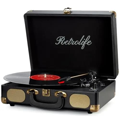 Tocadiscos de Vinilo Portátil con Correa de 3 Velocidades 33/45/78 RPM Bluetooth con Altavoces Incorporados Salida de Línea RCA Entrada AUX para Auriculares Tocadiscos Vintage