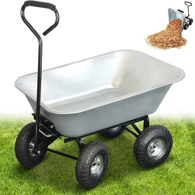 Carretilla Manual de Jardín 75L - Carrito de Jardin con cubeta basculante 4 Ruedas hinchables Ø 260 mm - Capacidad de Carga máx. 250 KG - Mango Largo - 86 x 60,5 CM - Metal galvanizado