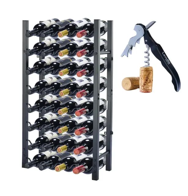 Botellero - Vinoteca - Portabotellas de Vino - Almacenamiento de vinos con sacacorchos Recubrimiento de Polvo Negro Metal Acero Boteleros Estilo (45x20x80cm (32 Botellas))
