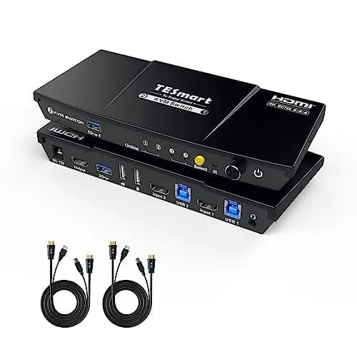 TESmart USB 3.0 HDMI KVM Switch 2 PC 1 Monitor, Conmutador 4K@60Hz con Emulador EDID, Hotkey, Extractor de Audio, USB 3.0 para Impresora y Escáner, Switch 2 en 1 Out, Incluye 2 Cables KVM