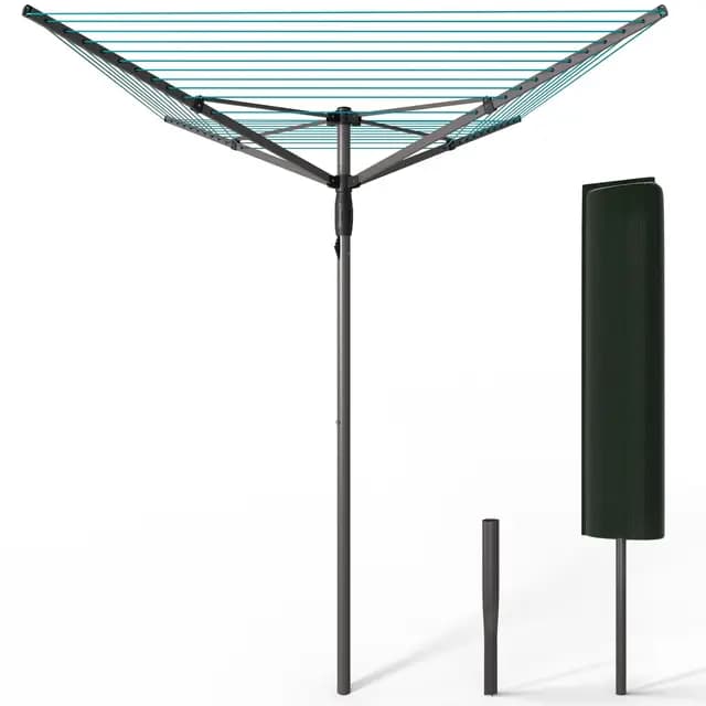 VOUNOT® Tendedero Giratorio 45M de Cuerda Secadora de Ropa Rotativa para Exteriores 4 Brazos Sistema Tipo Paraguas Línea de Lavado Plegable con Funda y Estaca para Jardín Al Aire Libre Gris/Azul