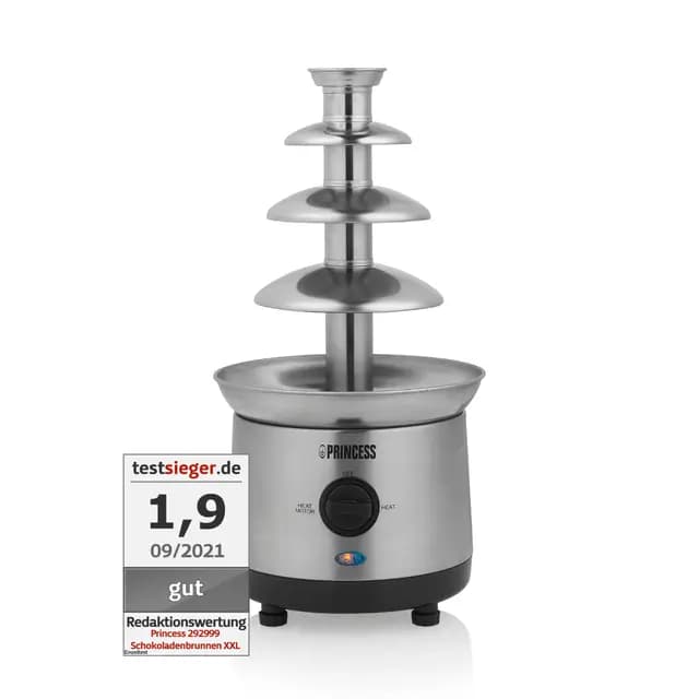 Princess 292999 Fuente de Chocolate XXL, 1.1 litros de capacidad, 4 alturas, carcasa de acero Inoxidable, carcasa de acero inoxidable, apta para todo tipo de chocolate, base antideslizante, 190 W