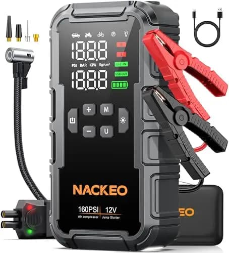 Arrancador de Baterias de Coche 8000A con Compresor, 160PSI Inflador de Neumáticos, Arrancador de Coches 12V (Gasolina y Diésel 12L), Jump Starter con Luz LED 600LM, Cables de Arranque, Pantalla LCD