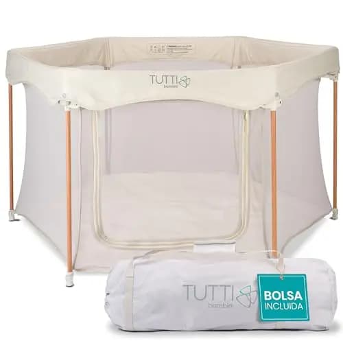 Tutti Bambini Parque Infantil Bebe - Corralito Bebe Plegable con Paredes de Malla, Puerta con Cremallera, Colchoneta de Suelo y Bolsa de Transporte - 135 x 135 x 75 cm - (Crudo)