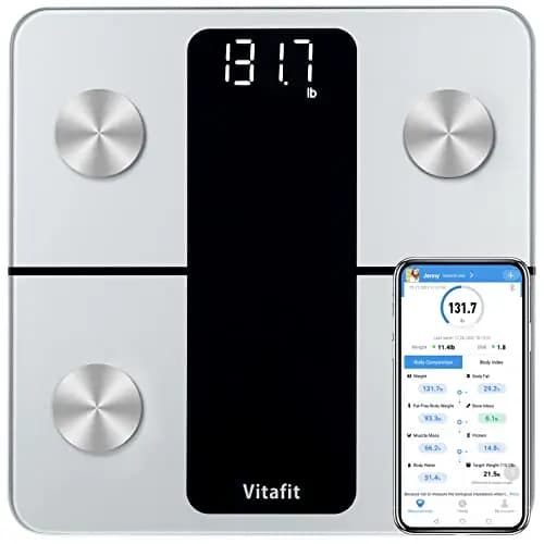 Vitafit Bascula de Baño, Alta Precisión de 0,05kg por Nuestra Fábrica Profesional Desde 2001, Bascula Grasa Corporal y Muscular Inteligente App 13 Composición de Corporal Peso IMC, 180kg, LED, Plata