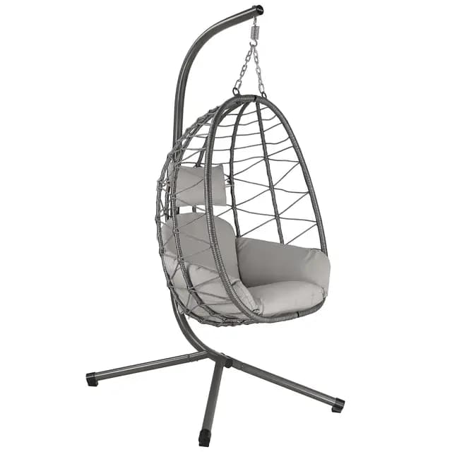 Silla Colgante con Soporte, Cojín y Almohadilla | Color Gris | Columpio Colgante para Interior y Exterior | Estructura Metálica, Columpio de Jardín/Terraza, Silla Huevo, Cesta Colgante