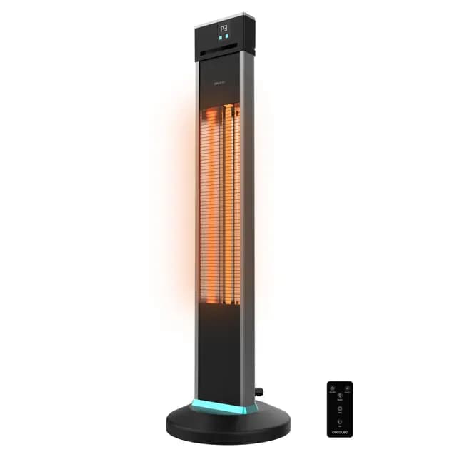 Cecotec Calefactor Eléctrico de Exterior de Torre ReadyWarm 2000 Power Tower. 2000 W en 3 Niveles, Tecnología Halógena, Protección IP34, Mando a Distancia y Display, Área de Cobertura 10 m2