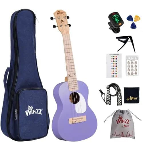Winzz Ukelele Set para Adulto Principiantes y Niños, Ukelele Concierto de 23 Pulgadas con 9 Accesorios, 4 Cuerdas (Color: Violeta, Madera)