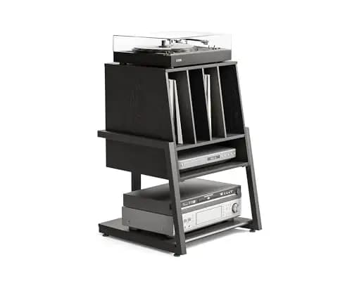 FITUEYES Mueble Tocadiscos, Mueble HiFi de Madera y Metal, Almacenamiento para 120 Discos, para Sistemas Compactos, para Salones y Salas de Música
