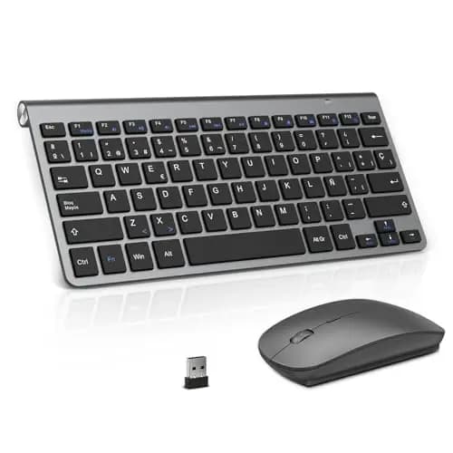 PINKCAT Teclado y ratón inalámbricos, 2.4G Set de Teclado Ultrafino y ratón ergonómico silencioso con 12 accesos directos Multimedia para Ordenador, PC, Tableta, Ordenador de sobremesa (Gris Oscuro)