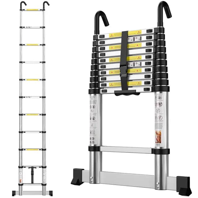 Escaleras Plegables Aluminio, 3,19m Escalera Telescópica, Escalera Plegable Portátil, con Barra Estabilizadora y Ganchos Extraíbles Adecuado para Mantenimiento del hogar, Camping, Carga 150 KG