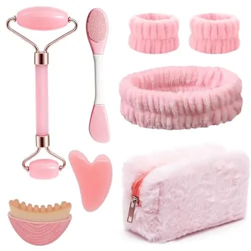 8 Piezas Kit de Masaje Gua Sha para Mujer, Gua Sha Cuarzo Rosa, Rodillo de Masaje, Cepillo Facial de Contorno, Diadema, Bolsa de Maquillaje, Regalos Guasha Facial Jade para Familia, Amigos