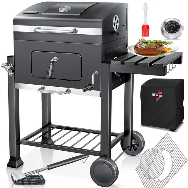 KESSER® Parilla de Carbón con Carrito Grill con Tapa, Ruedas, Mango de Acero Inoxidable | Barbacoa, Cepillo, Cubierta y Termómetro Carbón Wagen Grande BBQ Barbacoa Camping, Jardín XL Gris