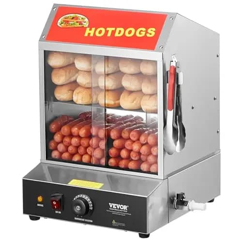 VEVOR Vaporera para Perritos Calientes, 27 L, 2 Niveles, Control de Temperatura de 30 ℃ a 85 ℃, con Puertas Corredizas de Vidrio Templado, Pinzas Placa Divisoria, Acero Inoxidable, 345 x 380 x 510 mm