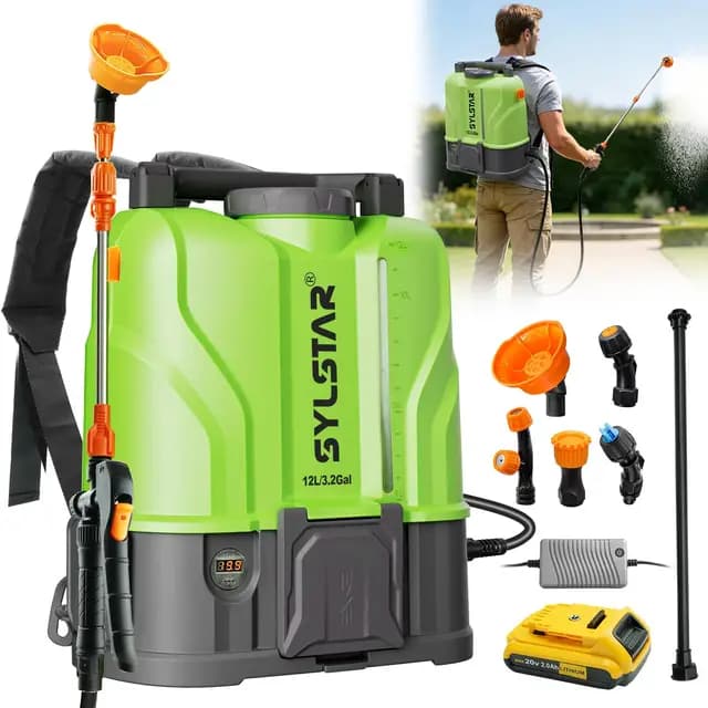 SYLSTAR Pulverizador Electrico 12L, 7Bar Potente Sulfatadora Bateria Compatible con DeWalt 18V, 5 Boquillas Pulverizador Bateria con Fuerza de Pulverización Ajustable (con Cargador)