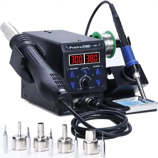 Preciva Estación de Soldadura Aire Caliente SMD 2 en 1 con 5 Punta, Control PID, Temperatura y Flujo Ajustables, Función Auto Start/Stop para Desoldadura Electrónica (8786D)