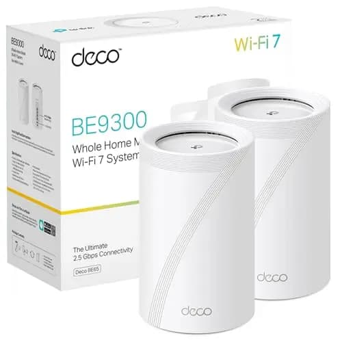 TP-Link Deco BE65(2-Pack) - WiFi 7 Mesh BE9300 Deco Tri-Band BE65 (Paquete de 2), Puerto Ethernet/Fibra 2.5 Gbps, Velocidad WiFi de hasta 9 Gbps, WPA3, Canales de 320 MHz, 6 GHz