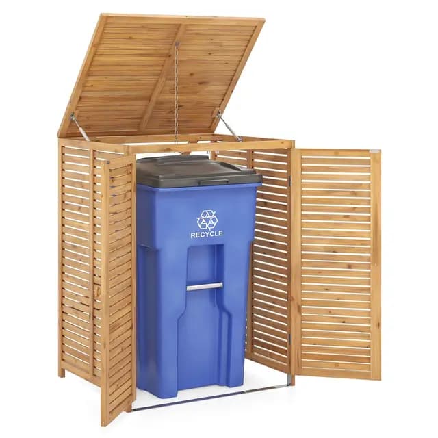 COSTWAY Cobertizo de Basura de Madera de 120 L, Caseta de Madera para Contenedor de Desechos para Exteriores con Tapa Abatible, Puertas Dobles, Pestillo de Seguridad, Contenedor de Basura para Jardín