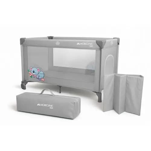 Mobiclinic®, Cuna de Viaje, Bolsa Transporte, 2 en 1, Plegado ultracompacto, Colchón extraíble, Mofli, hasta 15kg, Tela Transpirable, Entrada Lateral con Cremallera, Parque bebé, Ruedas (Gris)