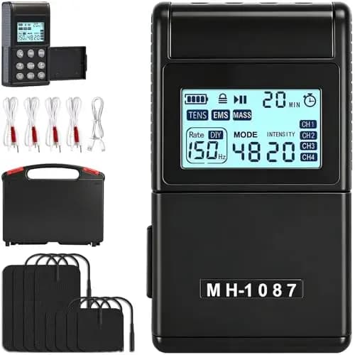 Electroestimulador Muscular 3 en 1 TENS Electroestimulador 4 Canales con Función TENS EMS y Masaje, 48 Modos y 20 Intensidad con 8 Electrodos para El Alivio Del Dolor y Entrenamiento