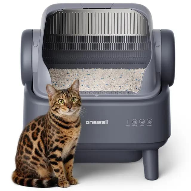 oneisall Arenero para gatos autolimpiante con sistema EaseClean™, arena autolimpiante para gatos XXL para gatos grandes, rejilla de acero inoxidable, modo automático y manual, incluye alfombrilla y 40