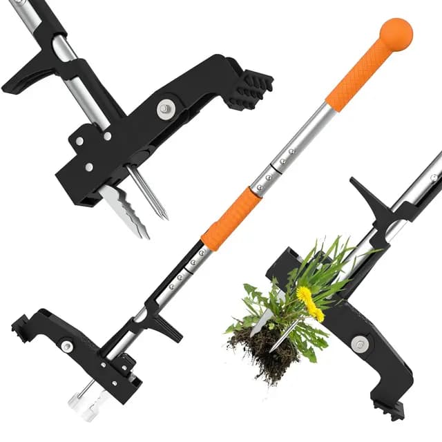 Herramienta de arrancar malas hierbas, herramienta de desbroce en pie con 4 garras, herramienta de desmalezado de jardín con mango ergonómico de 39" de largo, herramienta de eliminación de