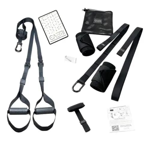 Correas de entrenamiento en suspensión, Set con Anclaje Ajustable, Fitness en Casa Adecuado para Viajar y Entrenar en Interiores y Exteriores. Incluye muñequeras para mayor sujeción.