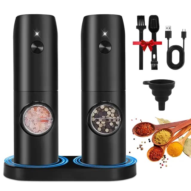 UCAMP Juego de Molinillo Eléctrico de Sal y Pimienta,Molinillo de Especias con Base Recargable,Molinillo Pimienta Electrico con Cepillos y Cucharas,Lámparas Led,Grosor Ajustable,para Barbacoa,Cocina