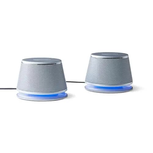 Amazon Basics Bocina 2.0 para PC o laptop, entrada auxiliar de 3.5 mm, alimentación USB, 1 par, color plateado