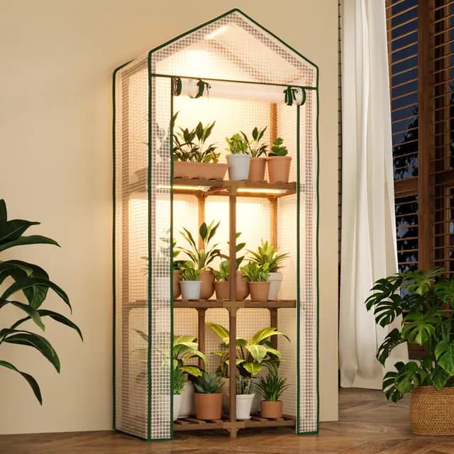 Bamworld Invernadero Exterior Pequeño con Luz de Crecimiento 3 Niveles Portátil y Reutilizable con Cubierta de PE para Plantas en Macetas Decoración Hogar Patio Compacto
