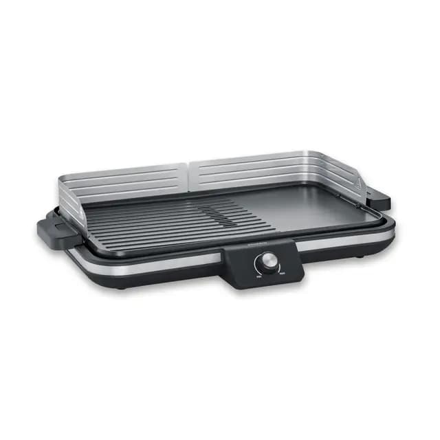 SEVERIN Parrilla Eléctrica, plancha grill de mesa, 2.300 W hasta 230°C, con revestimiento cerámico y pantalla LED, para carne, pescado, marisco y verdura, acero inoxidable y negro mate, PG 8564