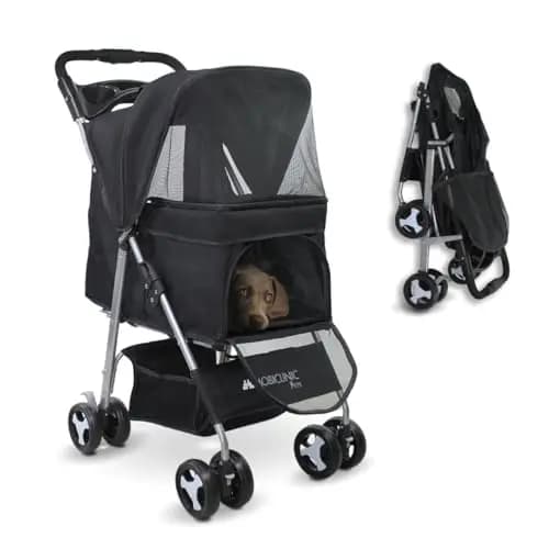 Mobiclinic® pets, Carrito para perros plegable, Ideal pequeños y senior, Zuma, Hasta 15 kg, Ruedas con frenos 360º, Cesta xxl, 3 ventanas cremallera mosquitera, Portavasos, Negro