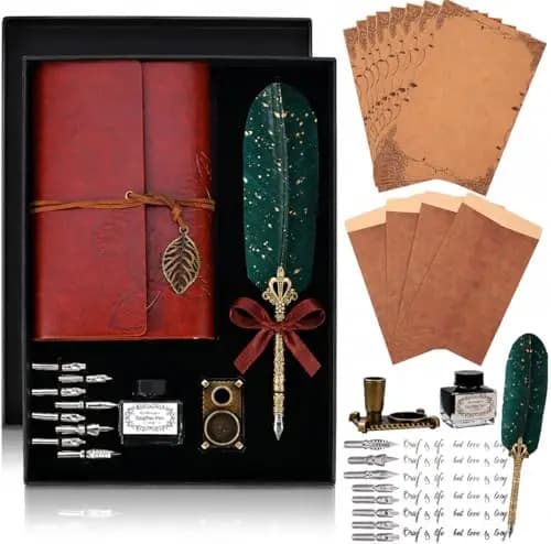 Cieex Conjunto de Pluma de Plumaje con Cuader de Cuero Pluma Estilografica, Puntas, Tinta, Soporte Bolígrafos, Sobres, papeles, Mejor Regalo para Amantes de Artículos Retro