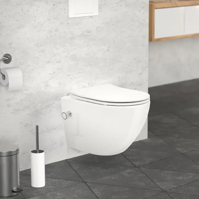 LuxeBath WC Cerámico Suspendido Corto 49cm con Función de Bidé con Nanorecubrimiento, Inodoro Colgante Blanco Mate sin Cisterna, Asiento de WC Extraíble con Softclose en Duroplast Bajada Automática