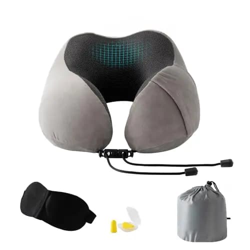 Good Nite Almohada de Viaje Cervical Viscoelástica, Cojín de Cuello para Avión/Tren/Coche, Almohada de Memoria Ergonómica Compacta con Accesorios (Máscara, Tapones, Bolsa), Ajustable (Gris)