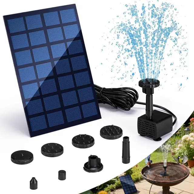 Fuente Solar Jardin Exterior 2.5w, Bomba de Agua Solar, 3M Cable con 6 Boquillas, para Jardín Baño de Pájaros, Pecera, Estanque Pequeño