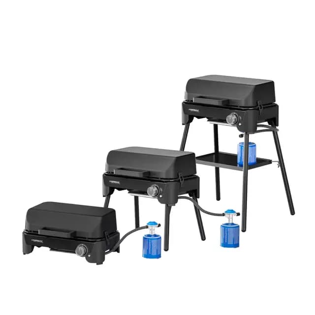 Campingaz Tour & Grill CV Plus Gas Barbecue | 3 en 1 Barbacoa de Gas Portátil con Tapa – 1 Quemador | 2400 W, Negro