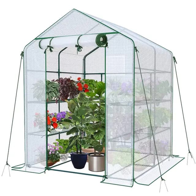 VOUNOT® Invernadero de Jardín 143x143x195 cm Vivero Casero Plantas Cultivo con Puerta Enrollable y Ventana, Invernadero Huerto Caseta de Jardín 8 Estantes para Plantas Macetas Flores, Blanco