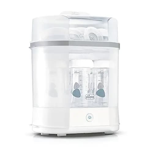 Chicco Esterilizador Eléctrico, Esterilizador de Biberones, Sacaleches y Chupete, con 3 Configuraciones y Apagado Automático, Apto para Microondas, Universal hasta 6 Biberones de 330 ml, Blanco