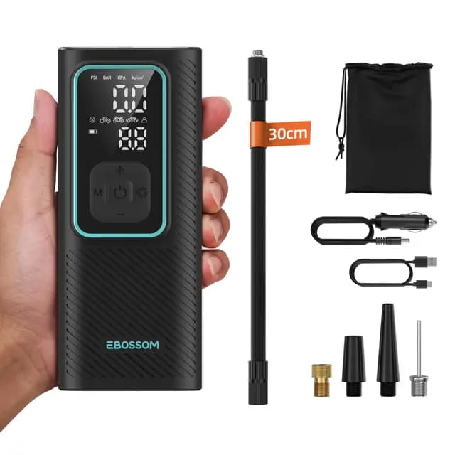 Compresor Aire Portátil de 10,3Bar, Inflador Ruedas Coche a Batería 6000 mAh y 12V DC, Mini Inflador Electrico para Auto, Moto, Bicicleta y Pelota, Bomba de Aire con Función de Luz LED, Carga USB-C