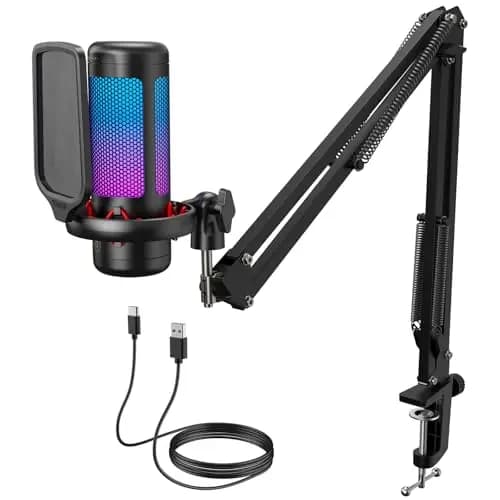 TONOR Microfono Gaming USB para PC PS4/5, Micrófono Condensador Cardioide con Brazo para Podcast, Streaming, Studio, Ordenador, Mic RGB con Ajustable Modos y Brillo, Silencio Rápido, TC310+